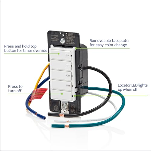 Leviton Countdown Switch for lights, attic, heaters, pool pumps, 15-30 min, 1-2 hour, Neutral Wire Required, 20A, 1 HP/16A Fan/Motor, Single Pole, Multi-Way or Multi-Timer, DT202-1LW, White - style: 1-2 hour, Neutral Wire Required