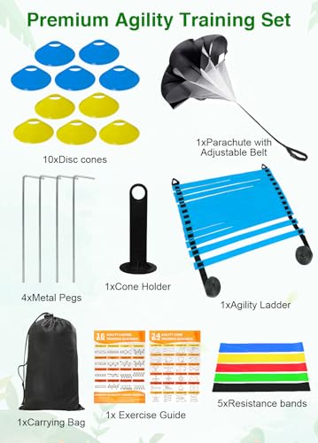 Hands Free Speed Agility Training Equipment Set - 20ft Agility Ladder, 10 Disc Cones, Resistance Parachute, 5 Resistance Bands & Carry Bag | Football Soccer Basketball Fitness Drills - color: Blue