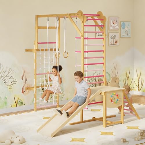 PeakPursuit 8-in-1 Indoor Jungle Gym for Kids Ages 3-10 – Wooden Climbing Structure with Slide, Swing, Monkey Bars, Gymnastic Rings, Climbing Rope – Indoor Playground Toy – Natural Wood Color