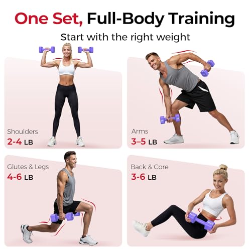 FEIERDUN DB3 5-in-1 Adjustable Dumbbell Set, 6LB/10LB Pair Adjustable Weights for Women at Home, Dual Locking Stable Hand Weights with TPU Soft Handle, Home Gym, Rehab, Pilates, Yoga, Strength Training - color: D-Vivid Purple, style: 6LBS Pair (12LBS Tota