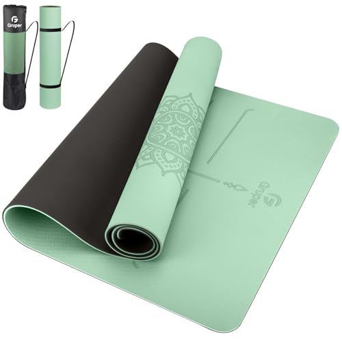 Gruper Yoga Mat Non Slip TPE Extra Wide Yoga Mat with Alignment Mark, 72"L x 32"W x 0.32"/0.24"Th (183cm x 80cm x 8mm/6mm), Anti-Tear Exercise Mat with Carrying Strap and Bag, Workout Mats for Yoga, Pilates - color: Green Black, size: 0.32*32*72 Inches