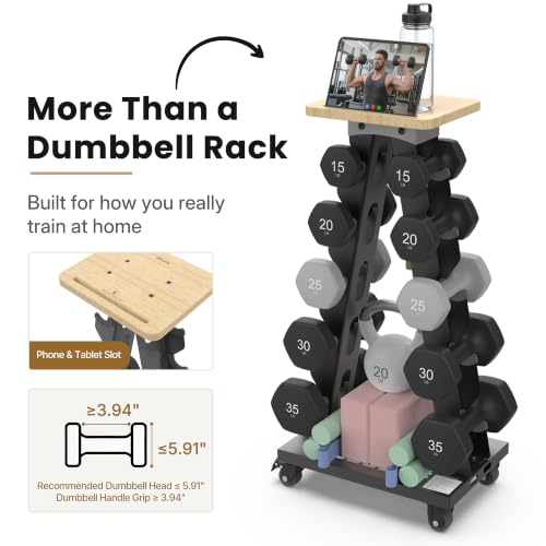 Vertical Dumbbell Rack, 5-Tier Weight Rack, Wheels, 300LBS Capacity | A-Frame Design, Solid Steel Construction, Training Platform, Bottom Tray, Home Gym Organizer, Rack Only