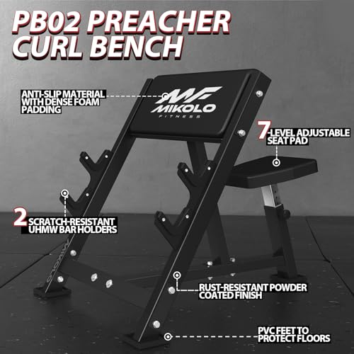 Mikolo Preacher Curl Bench, Seated Arm Isolated Barbell Dumbbell Bicep Station, Bicep Curl Machine with 2 Bar Holders for Home Gym - color: BLACK