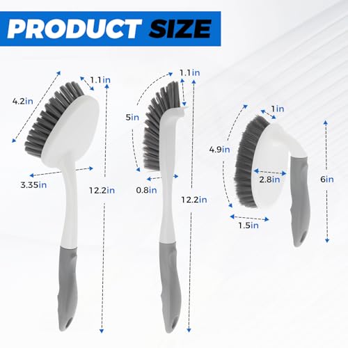 3 Pack Heavy Duty Scrub Brush Set for Household Use, Long Scrub Brush, Handheld Scrub Brush, and Crevice Brush with a Scraper Head for Cleaning Bathroom, Tile, Grout, Tub, Floor, Sink