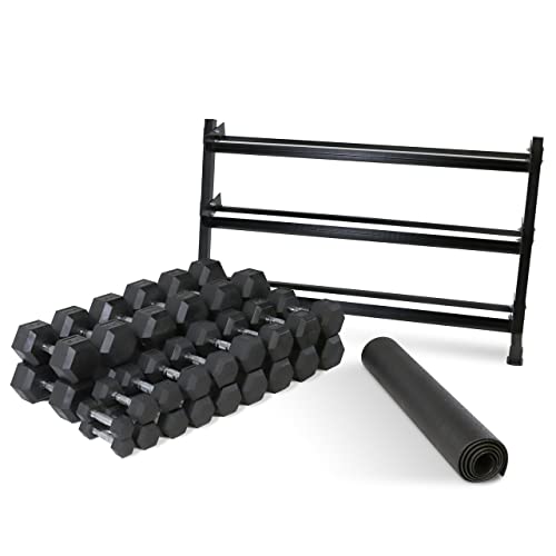 WF Athletic Supply Rubber Coated Hex Dumbbell Set, Multiple Choices Available - Dumbbells with Rack Stand and Mat, or Dumbbells Only (200/550/1200/2100/3000 LB) - color: g. 5 - 75LB w/ 3-tier RED Rack and Mat