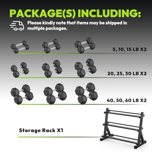 HANDBODE Dumbbell Set with 3-Tier Rack, 390-790 lb | Heavy Duty Weight Stand for Dumbbells, Space-Saving Metal Storage Organizer, Sturdy Dumbbell Holder for Home Gym - style: 510 lb Set (5-60 lb) *2 & Rack