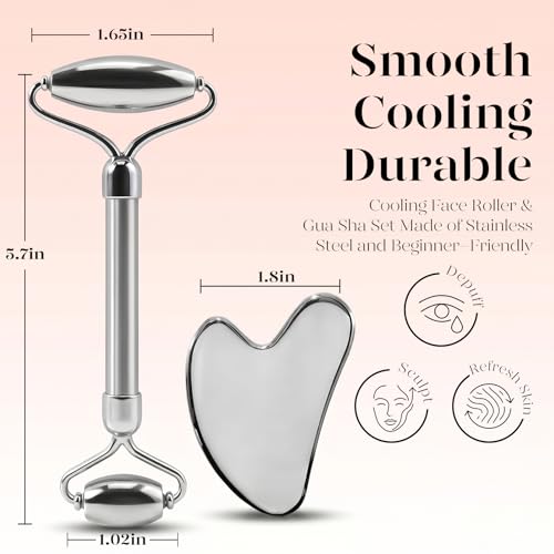 BAIMEI Stainless Steel Gua Sha & Face Roller Set, Facial Massage Tool for Face, Neck and Body, Cooling Metal Skin Care Tools for Depuffing Routine, Self Care Gift for Women - color: Grey