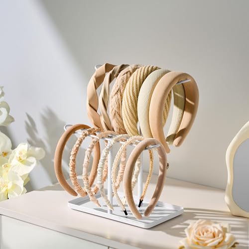 Headband Holder Organizer, 2-Tier T-bar Storage Stand with Tray for Hair Accessories Hairband Hair Clip, for Girls Women, White - color: White-white