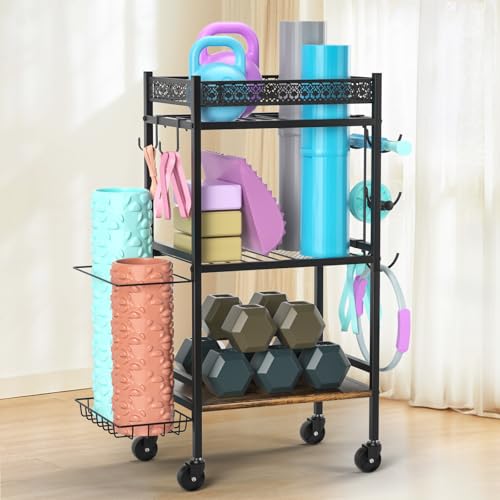 Dumbbell Rack Stand Only, Home Weight Rack for Dumbbells Kettlebells Yoga Mat, Home Gym Storage Rack with Wheels and Hooks, Space Saving Workout Equipment Organizer. ﻿