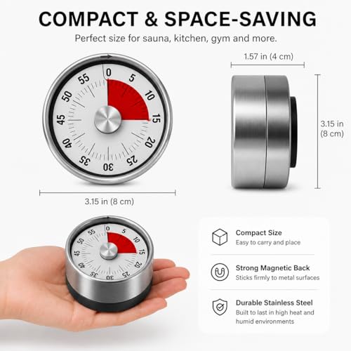 Stainless Steel Sauna Timer, 55 Minute Mechanical Spa Clock, No Battery Self Winding Timekeeper for Sauna Rooms, Steam Rooms, Hot Tubs, Gyms and Home Relaxation