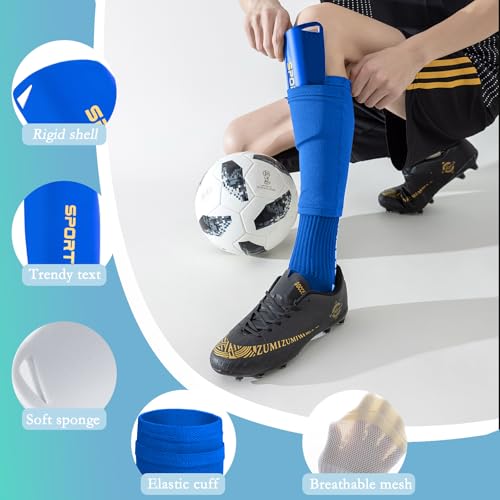 Soccer Socks with Shin Guard for Men, 1 Pairs Mens Grip Soccer Socks and 1 Pairs Shin Sleeves with Shin Guards, Footaball Equipment Shin Sleeves with Pads for Adults - color: blue