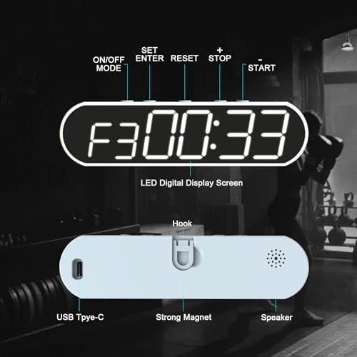 Portable LED Gym Timer, Workout Clock for HIIT Tabata Fitness at Home,Garage,Outdoors. Multiple functionality with Customizable Interval Setting, Easy to Read Display.