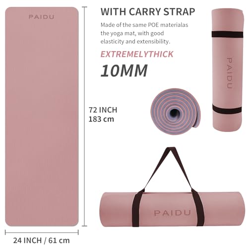 PAIDU Yoga Mat Non Slip Anti-tear,extra thick-2/5 inch（10MM）High Resiliency Professional POE Yoga Mats for Women Men Kids,72"x24"inch,Workout, Yoga, Pilates and Floor Exercise, with Carrier Strap - color: Deep Pink+Grey