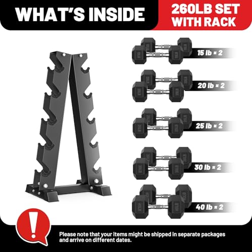 Hex Dumbbell Sets with Rack, 85-560lb Dumbbell Weight Set & Storage Rack | PAPABABE Dumbbell Set with Stand, Rubber Dumbbell Weight Set, Multiple Options Hand Weight for Strength Training - size: 260lb (15, 20, 25, 30, 40lb)x2& Rack