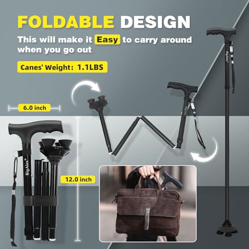 BigAlex Folding Walking Cane for Elderly Adjustable & Portable Walking Stick for Seniors,Pivoting Quad Base,Lightweight,Collapsible with Carrying Bag for Men/Woman - color: Black(5'5"-6'3")