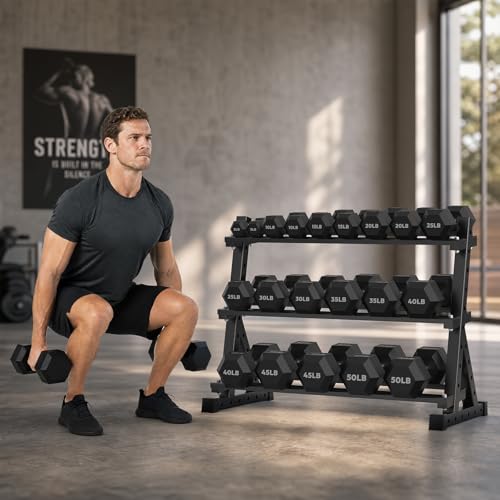 HANDBODE Rubber Coated Hex Dumbbell Set with Rack, 300-840 lb | Fixed Weights Sets with Heavy Duty Storage Stand, Multiple Weight Options Home Gym Equipment for Strength Training - style: 550 lb Set (5-50 lb) with Rack