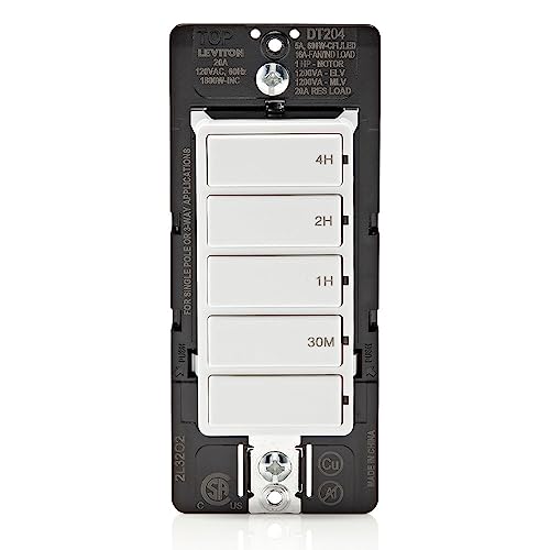 Leviton Countdown Switch for lights, attic, heaters, pool pumps, 30 min, 1-2-4 hour, Neutral Wire Required, 20A, 1 HP/16A Fan/Motor, Single Pole, Multi-Way or Multi-Timer, DT204-1LW, White - style: 1-2-4 hour, Neutral Wire Required