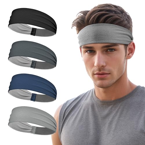 Sukeen Sports Headbands for Men, Moisture Wicking Sweat Bands Headbands Non-Slip, Breathable Elastic Sweatband, Running Headband for Yoga, Tennis, Fitness Workout - color: Black/Dark Gray/Dark Blue/Gray