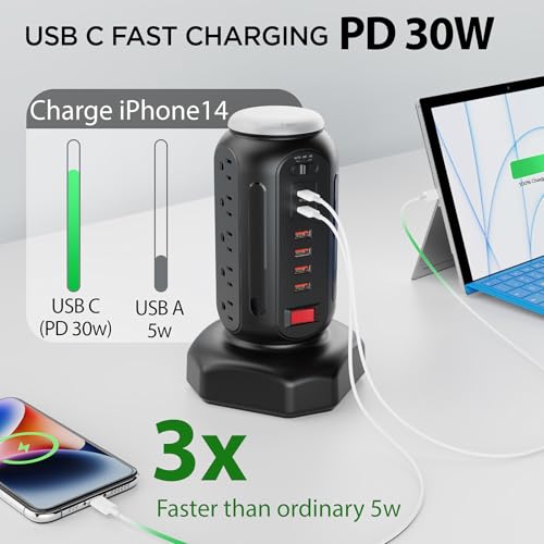 Multiple Outlets Surge Protector, PD 30W Fast Charging Power Strip Tower with RGB Night Light, 15 AC Outlets Power Tower, 2 Type C and 4 USB Ports, 6.5FT Retractable Extension Cord Charging Station - color: Black -PD 30W