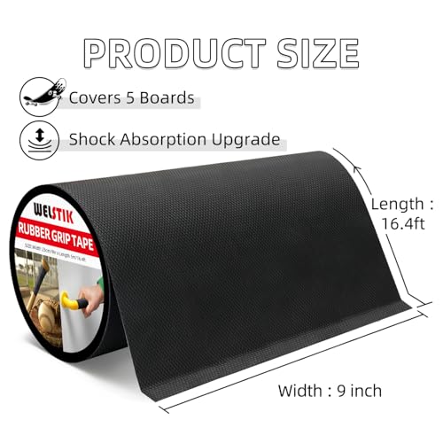 WELSTIK 9" x 16.4FT Rubber Skateboard Grip Tape - Extra Wide Anti-Slip Traction Sheet, Non-Abrasive Shoe Friendly Grip Tape for Skateboard Decks, Scooters, Tool Handles, and Stairs - Black - size: 9inch*16.4ft