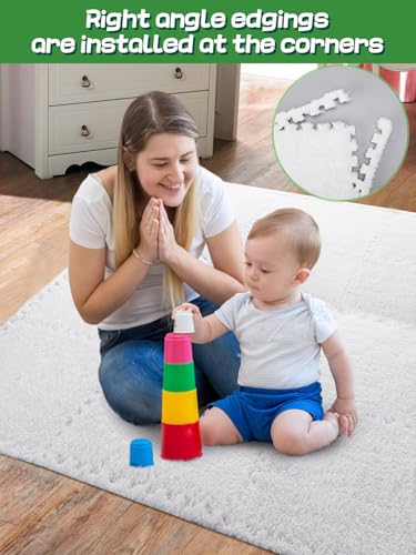 12 pcs Thickened Plush Foam Interlocking Floor Mat, Interlocking Foam Tiles with Edgings for Baby, Soft Anti-Slip Puzzle Area Square Rug Playmat for Children Room Bedroom(11.8", White) - color: White