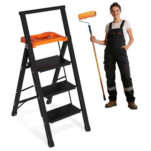 Aluminum 3 Step Ladder with Tool Tray - 600lbs Heavy Duty Lightweight Step Stool with Extended Handrails, Work Platform for Home Maintenance & DIY Projects (Black&Orange)