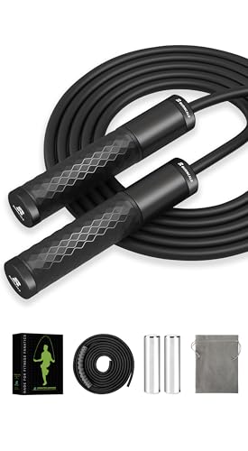 Weighted Jump Rope for Men, Women (1.5LB) - Alloy Steel Handles, Speed Skipping Rope, Gym,Indoor/Outdoor - Fitness, Workout, Boxing - Solid PVC & Cotton Rope - color: Black