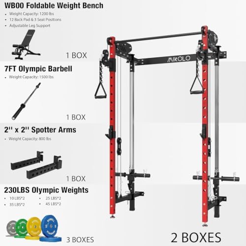 Mikolo Folding Squat Rack, Wall Mounted Power Rack with Cable Crossover Machine & LAT Pull Down, Functional Trainer with 5 Adjustable Function Modes, Home Gym Package - color: Red, size: CHEETAH Essential Pack