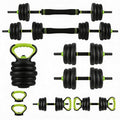 44LB 4-in-1 Adjustable Dumbbell Set – Dumbbells, Barbells, Kettlebells & Push-Up Handles – Home Gym Strength Training – Anti-Slip ABS Grip, Quiet Rubber-Coated Plates, Compact Design, Black+Green