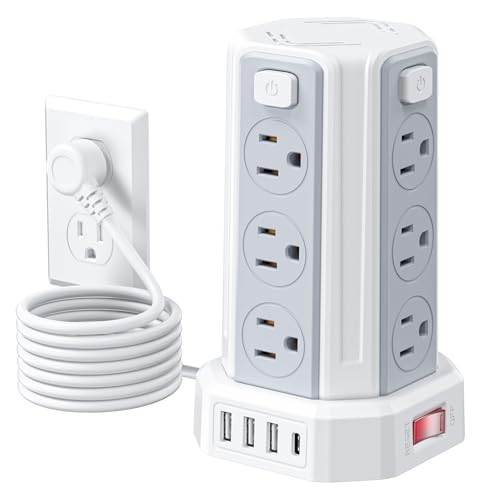 Power Strip 6.5 Ft Extension Cord with 12 AC Multiple Outlets 4 USB (1 USB C), SMALLRT Power Strip Tower Desktop Charging Station for Home Office College Dorm Essentials - color: White, size: 6.5 ft