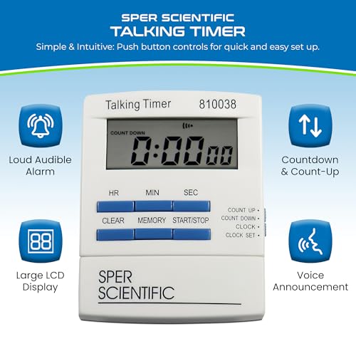 Sper Scientific Talking Timer with Audible Countdown Voice Announcements 810038 - Large LCD Display, Hands-Free Timer with Loud Alarm & Memory Recall - Perfect for Cooking, Labs, Fitness & more - 2 pc - size: 2 Pack