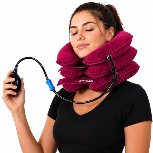 Inflatable Neck Stretcher for Neck Pain Relief, Cervical Traction Device with Hand Pump, 3-Layer Adjustable Neck Decompression Collar for Pinched Nerve, Stiff Neck & Tech Neck Support | Breathable Material - color: Blush Rose Pink