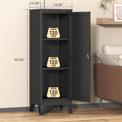 46" H Metal Locker Cabinet, Small Locker with Door and 2 Adjustable Shelf | Locker Cabinet with Adjustable Leveling Feet for Home, Bedroom, Office,Gym Assembly Required - color: 46" H Black