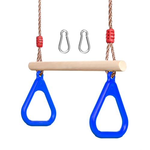 PELLOR Playground Children's Wooden Trapeze Swing Bar with Plastic Gym Rings Swing Set for Indoor & Outdoor Fun - color: Blue