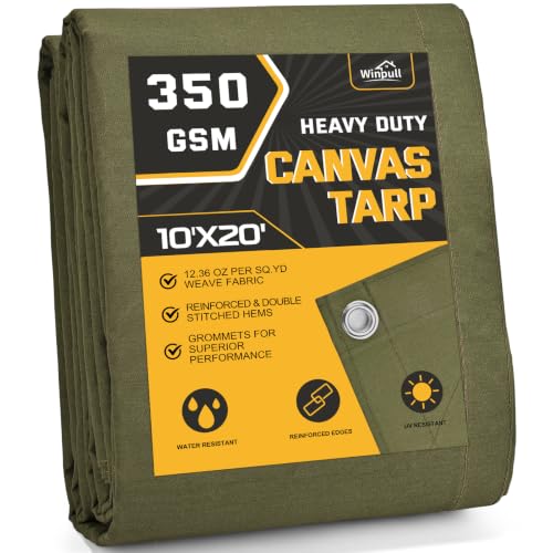 Winpull Heavy Duty Canvas Tarp 10x20 ft, 12oz (350 GSM) Cotton Canvas Water-Resistant Tarp with Rustproof Grommets, Tear-Resistant Outdoor Cover for Wood Piles, Camping, Trailer & Equipment - color: Olive Green, size: 10'x20'