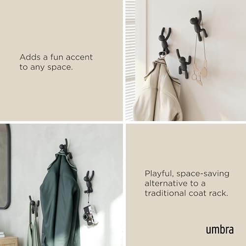 Umbra Buddy Wall Hooks, Decorative Wall Mount Coat Hooks, Set of 3, Black | Easy install with hardware, holds 5lbs per hook, entryway bedroom bathroom dorm, playful hanging storage, recycled plastic - color: Black