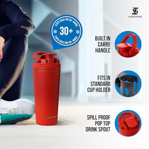 Ice Shaker Insulated Stainless Steel Shaker Bottle | 26oz, Red Color Rush | Cold for 30+ Hours | Insulated Cup with Twist-on Agitator | Odor-Free Bottle for Protein Shakes, Water, Smoothies, Cocktails - color: Red Color Rush