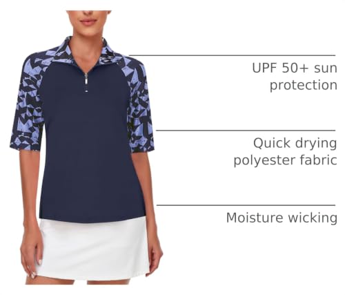Cucuchy Womens Golf Shirt Half Sleeve Quarter Zip Polo Tennis Shirts Workout Tops - color: B-geometry Black, size: X-Large
