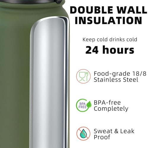 Fanhaw 24 oz Insulated Stainless Steel Water Bottle with Anti-Dust Chug Lid, Leakproof Vacuum Metal Everyday Use Bottle for Kids, Teens & Adults, Back to School Essentials (Olive Green) - color: Olive Green, style: 24 Ounces
