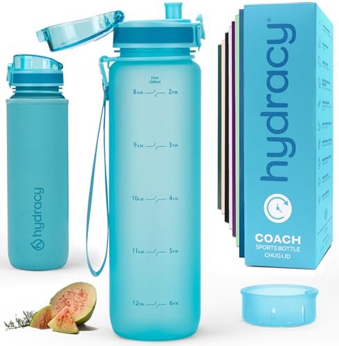 Hydracy Motivational Water Bottle with Time Marker & Fruit Infuser 32 oz | BPA-Free Tritan, Leakproof Flip-Top Lid,No-Sweat Sleeve,Carry Strap,Daily Intake Tracking for Gym,Sports,Outdoors - color: Aqua Blue, size: 32 Ounces