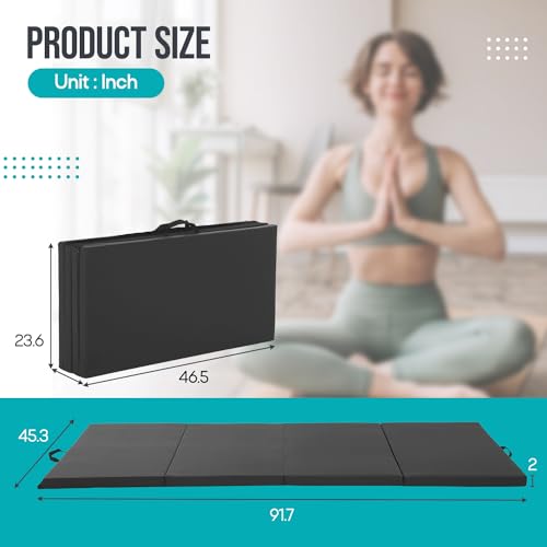 Gymnastics Mat - Tumbling & Exercise - 4 Folding - Indoor/Outdoor - Extra Thick - High Density - Yoga & Arts - color: BLACK