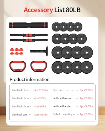 Adjustable Dumbbells,20/30/40/60/80lbs Free Weight Set with Connector, 4 in1 Dumbbells Set Used as Barbell/Kettlebells/Push up Stand, Fitness Workout Equipment for Home Gym for Youth,Women/Men - color: Black 80LBS (40LBS*2) + Kettlebell Handle (1.76LBS*2)