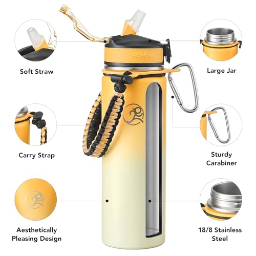GOSWAG 24oz Insulated Stainless Steel Travel Water Bottle, 2 Lids | with straw and no straw, Paracord handle, Double-wall vacuum keeps drinks cold or hot, Leakproof tumbler - color: Ginger Yellow-Beige Ombré