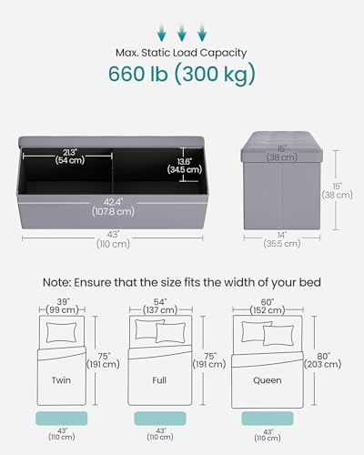 SONGMICS MAZIE Collection - 43 Inches Folding Storage Ottoman Bench, Ottoman with Storage, Foot Rest Stool, Load 660 lb, for Living Room, Synthetic Leather, Light Gray ULSF70GY - color: Light Gray, size: 15"D x 43"W x 15"H