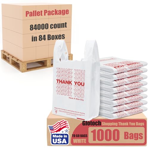 Glotoch Plastic Grocery Store Bags 84000 Count (84 Boxes,1000 Count/box) Pallet Package for Small Business, Thank You Bags with Handles for T-shirt Restaurant, Retail, Takeout, Stores, Shopping - color: White, size: 84000 Count