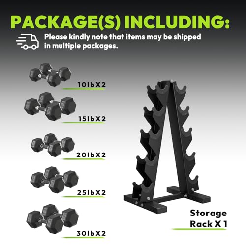 HANDBODE Hex Dumbbell Set with Vertical Storage Rack, 100–550 lb | Non-Slip Handle Design for Secure Grip, Rubber Encased Dumbbells, Hand Weights for Strength Training and Home Gym - style: 200 lb (10, 15, 20, 25, 30 lb) X 2 & Rack