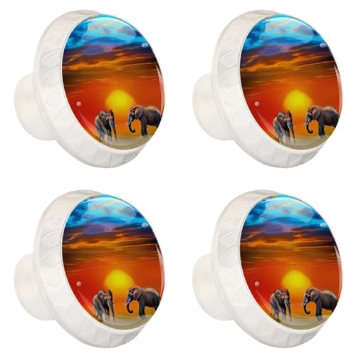 4 Pack White Cabinet Knobs, African Elephants Sunset Drawer Handles for Cabinets, Dresser, Cupboard, Bathroom, Bedroom, Kitchen Hardware Closet Door Knob - color: African Elephants Sunset