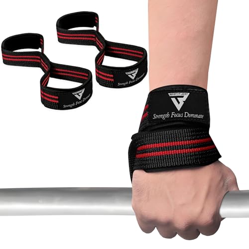 Weight Lifting Straps Figure 8, Anti Slip Strap with cuffs wrist Support for Gym Workout Deadlift Powerlifting Bodybuilding Weightlifting, Fitness Strength Training, Hand Bar Grip for Men - color: Red & Black