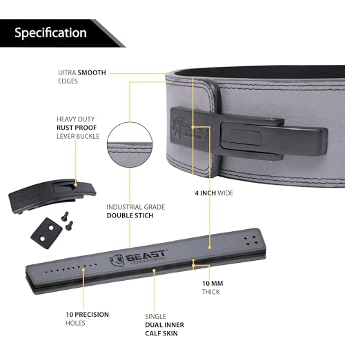 Beast Power Gear Weight Lifting Belt Lever Buckle 10MM 13MM Thick & 4 Inches Free Strap Weightlifting, Powerlifting, Deadlifts, Squats Men Women - color: Gray, size: XX-Large