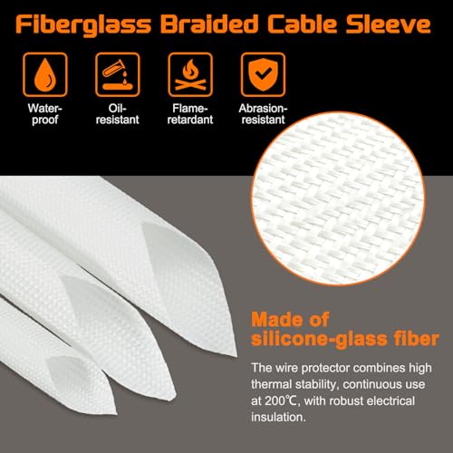 MECCANIXITY 10ft Braided Cable Sleeve, 1/2" ID 200C Heat Resistant 1500V Fiberglass Wire Insulation Cord Protector Organizer Wires Management for Motor Engine Fuel Line, White - color: White, size: 10ft-12mm